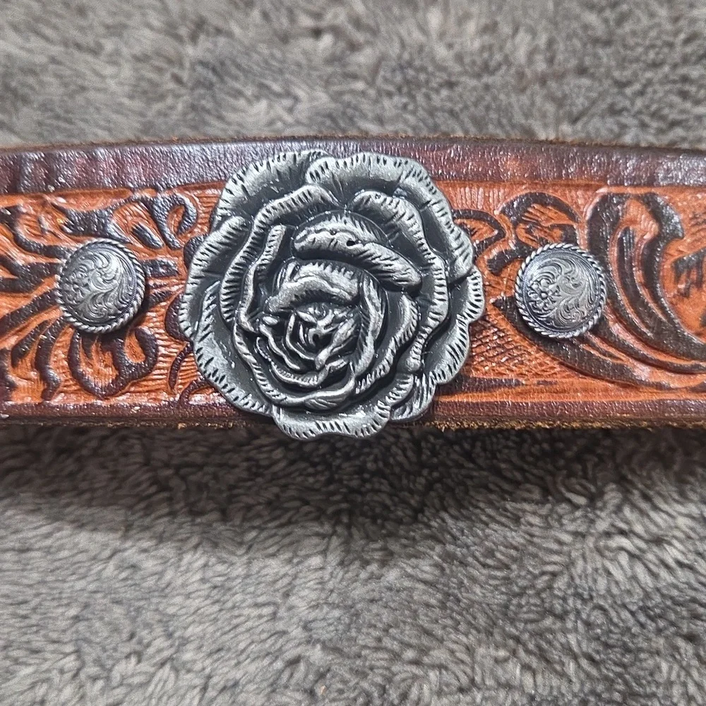 Brown Leather Bracelet Silver Conchos Rose Accent Southwestern Boho Artsy
